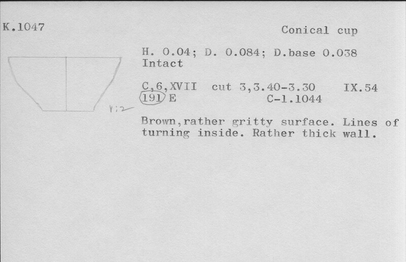 Index card with typed and handwritten information, sometimes including a sketch, of pottery from an excavation.