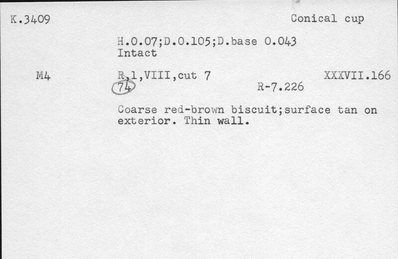 Index card with typed and handwritten information, sometimes including a sketch, of pottery from an excavation.