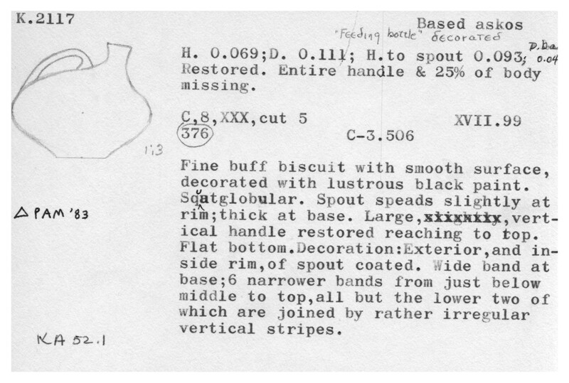 Index card with typed and handwritten information, sometimes including a sketch, of pottery from an excavation.