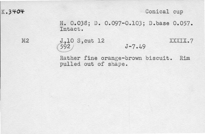 Index card with typed and handwritten information, sometimes including a sketch, of pottery from an excavation.