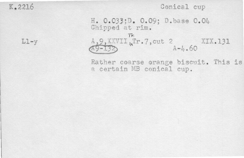 Index card with typed and handwritten information, sometimes including a sketch, of pottery from an excavation.