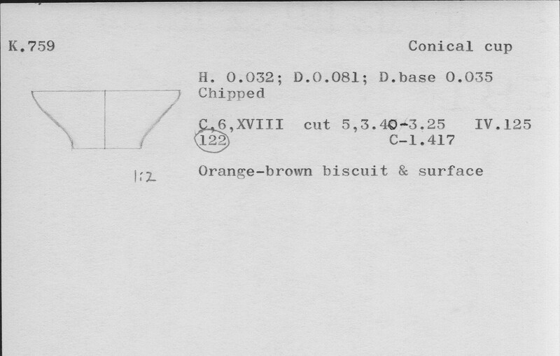 Index card with typed and handwritten information, sometimes including a sketch, of pottery from an excavation.