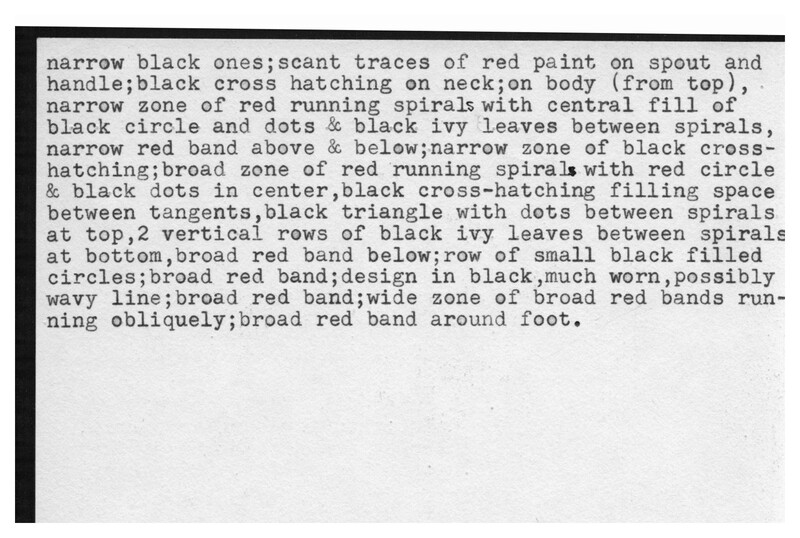 Index card with typed and handwritten information, sometimes including a sketch, of pottery from an excavation.