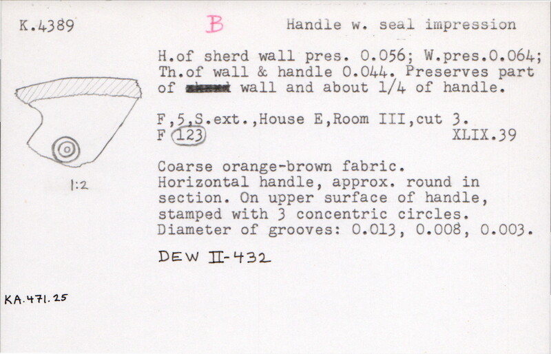 Index card with typed and handwritten information, sometimes including a sketch, of pottery from an excavation.