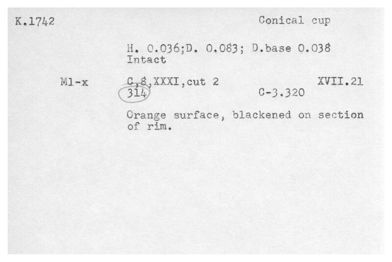 Index card with typed and handwritten information, sometimes including a sketch, of pottery from an excavation.