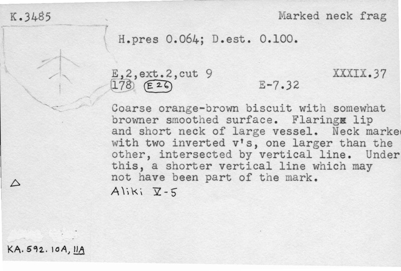 Index card with typed and handwritten information, sometimes including a sketch, of pottery from an excavation.