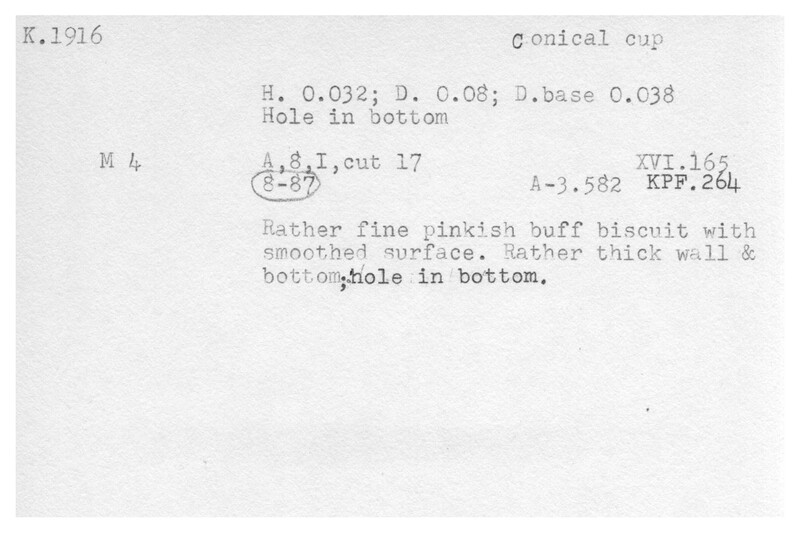 Index card with typed and handwritten information, sometimes including a sketch, of pottery from an excavation.