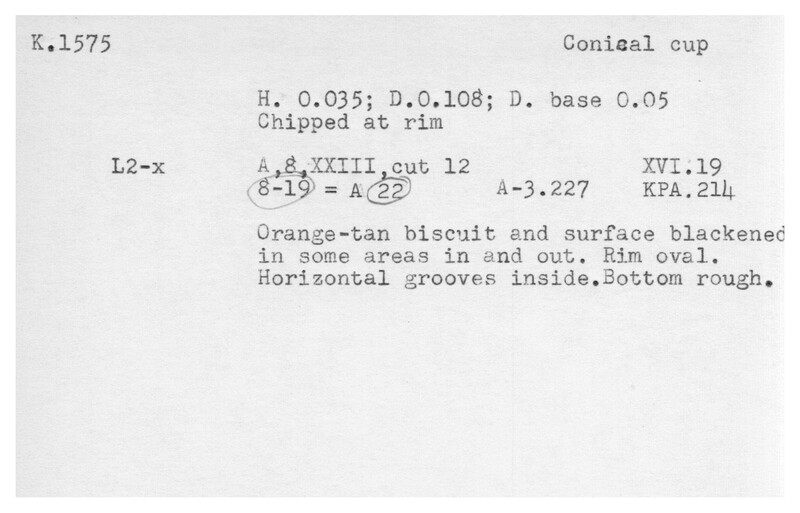 Index card with typed and handwritten information, sometimes including a sketch, of pottery from an excavation.