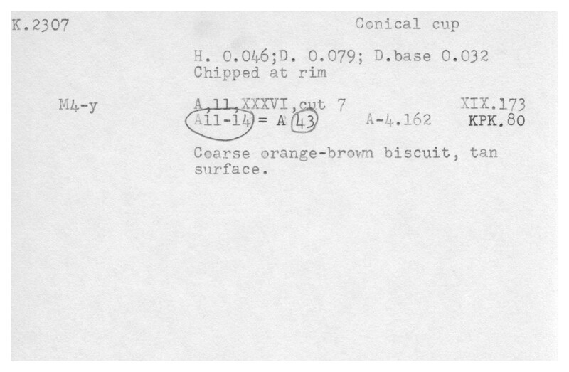 Index card with typed and handwritten information, sometimes including a sketch, of pottery from an excavation.