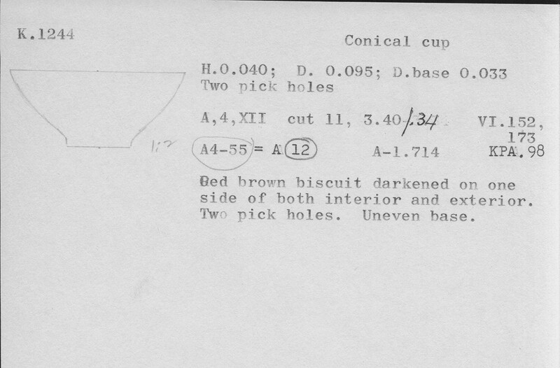 Index card with typed and handwritten information, sometimes including a sketch, of pottery from an excavation.