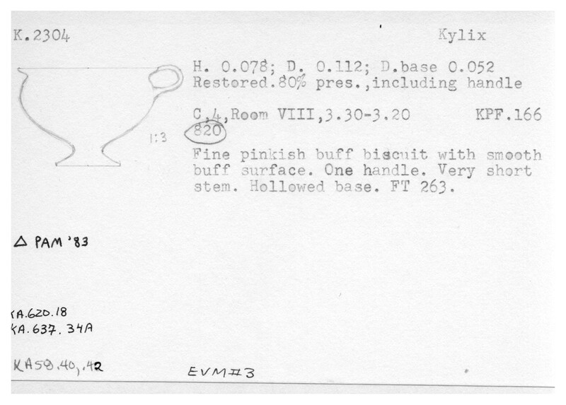 Index card with typed and handwritten information, sometimes including a sketch, of pottery from an excavation.