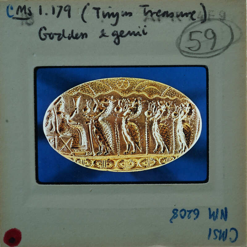 Golden seal with ancient Greek mythological scene.