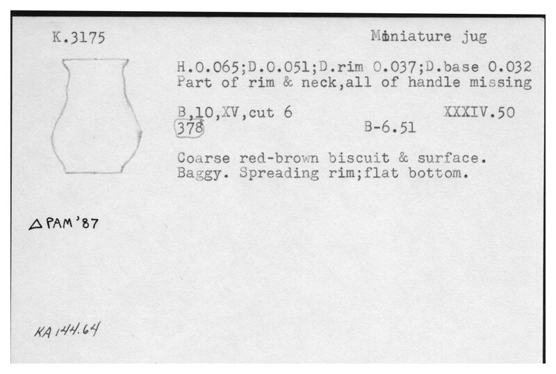 Index card with typed and handwritten information, sometimes including a sketch, of pottery from an excavation.