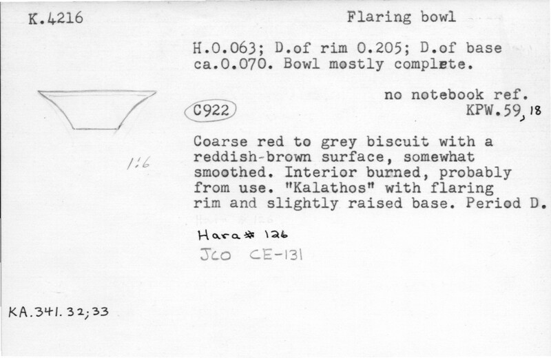 Index card with typed and handwritten information, sometimes including a sketch, of pottery from an excavation.