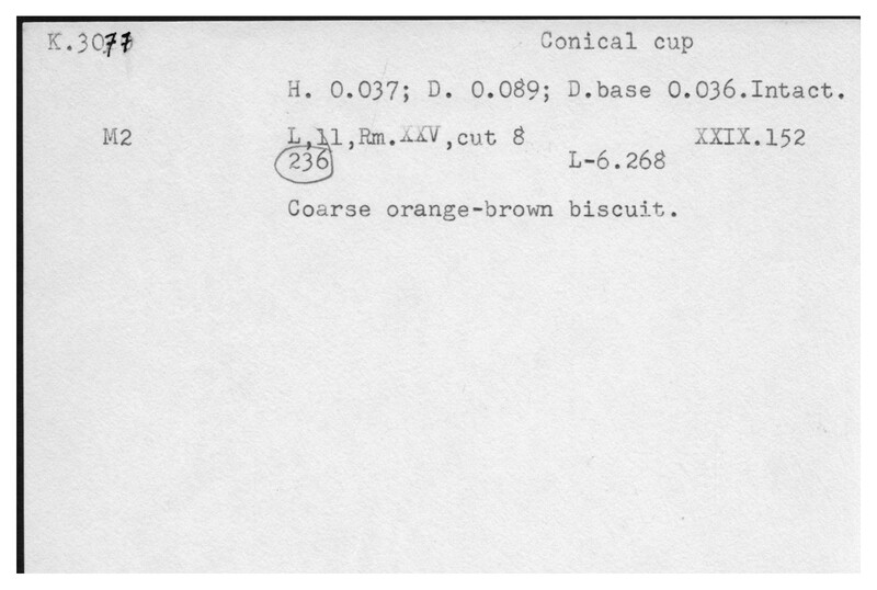 Index card with typed and handwritten information, sometimes including a sketch, of pottery from an excavation.