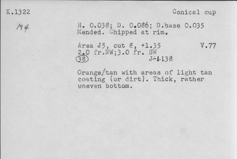 Index card with typed and handwritten information, sometimes including a sketch, of pottery from an excavation.
