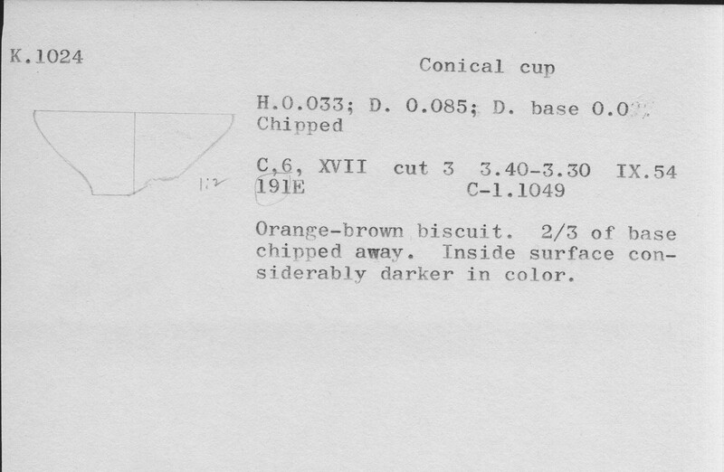 Index card with typed and handwritten information, sometimes including a sketch, of pottery from an excavation.