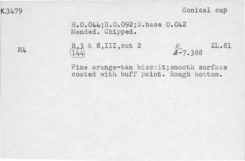 Index card with typed and handwritten information, sometimes including a sketch, of pottery from an excavation.