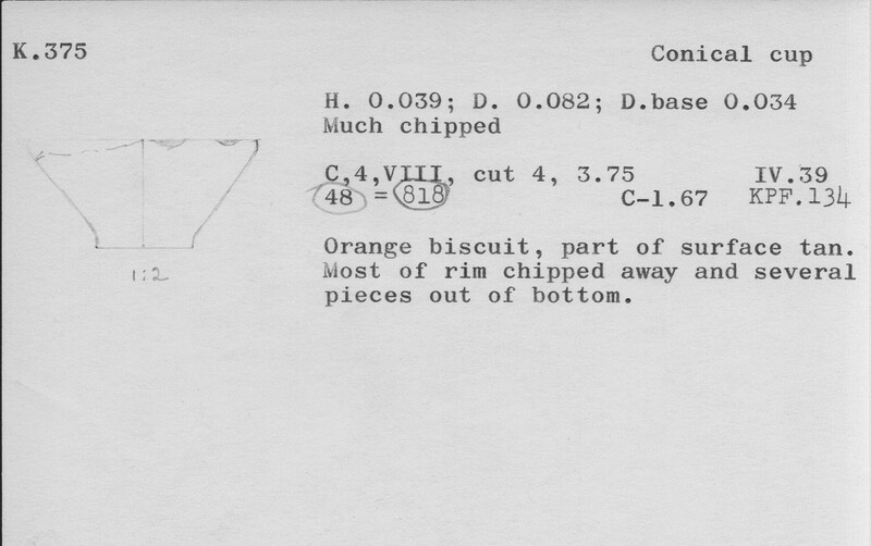 Index card with typed and handwritten information, sometimes including a sketch, of pottery from an excavation.