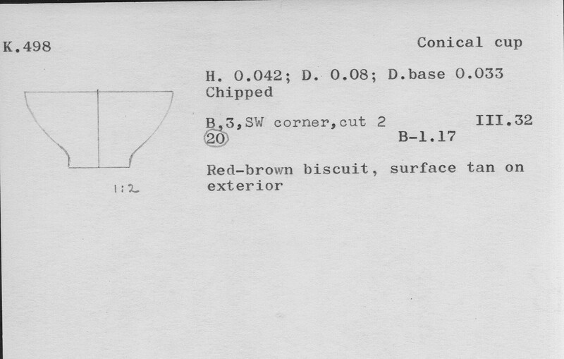 Index card with typed and handwritten information, sometimes including a sketch, of pottery from an excavation.