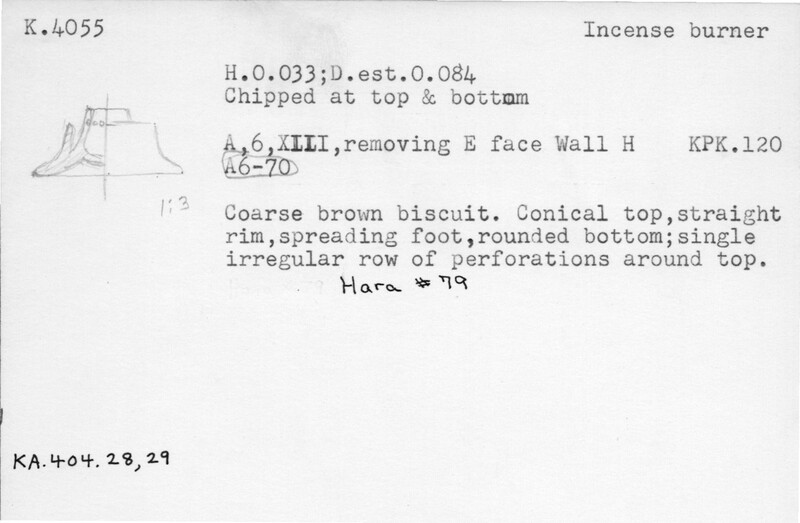 Index card with typed and handwritten information, sometimes including a sketch, of pottery from an excavation.