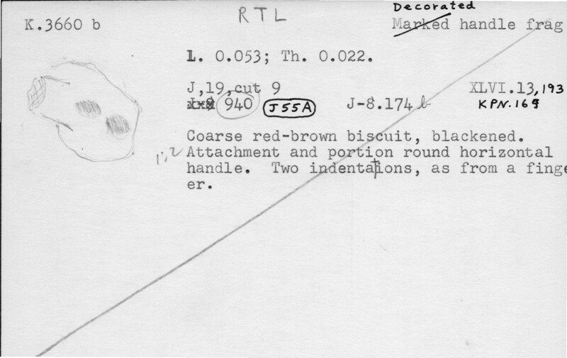 Index card with typed and handwritten information, sometimes including a sketch, of pottery from an excavation.