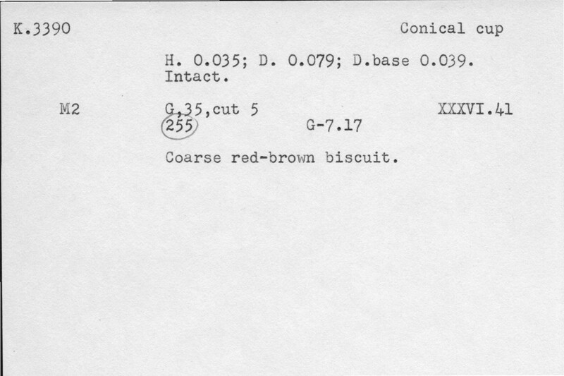 Index card with typed and handwritten information, sometimes including a sketch, of pottery from an excavation.