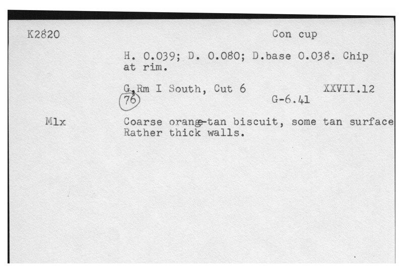 Index card with typed and handwritten information, sometimes including a sketch, of pottery from an excavation.