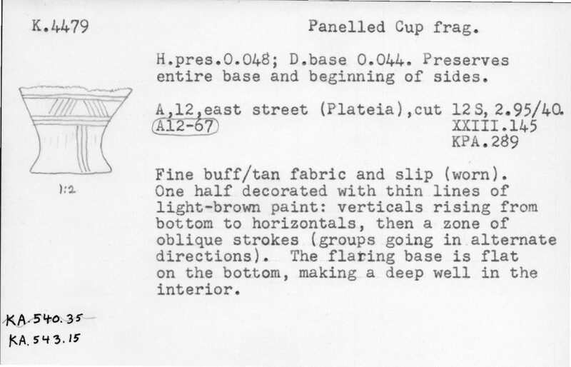 Index card with typed and handwritten information, sometimes including a sketch, of pottery from an excavation.