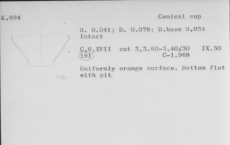 Index card with typed and handwritten information, sometimes including a sketch, of pottery from an excavation.