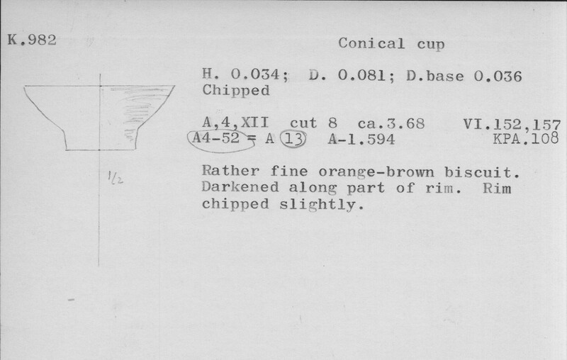 Index card with typed and handwritten information, sometimes including a sketch, of pottery from an excavation.
