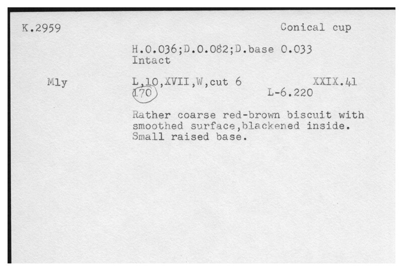 Index card with typed and handwritten information, sometimes including a sketch, of pottery from an excavation.