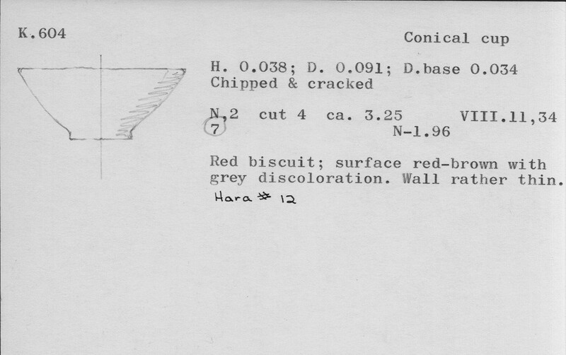 Index card with typed and handwritten information, sometimes including a sketch, of pottery from an excavation.