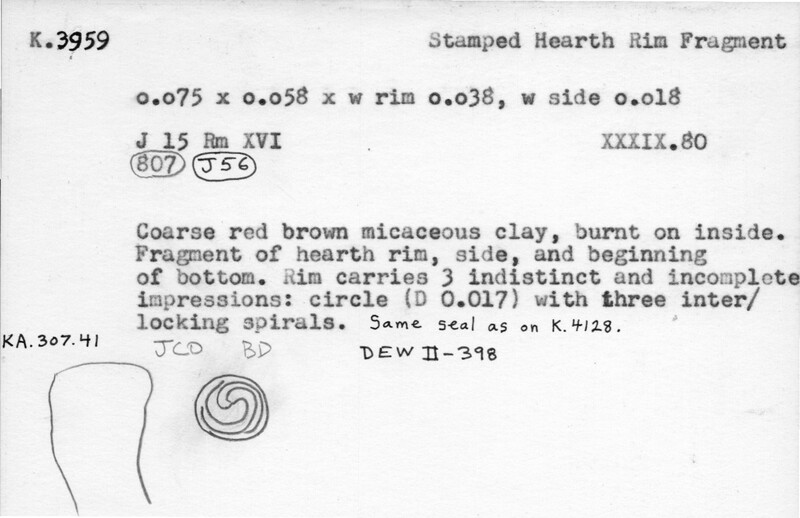 Index card with typed and handwritten information, sometimes including a sketch, of pottery from an excavation.