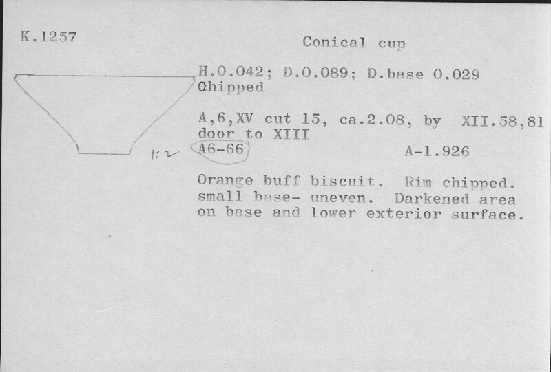 Index card with typed and handwritten information, sometimes including a sketch, of pottery from an excavation.