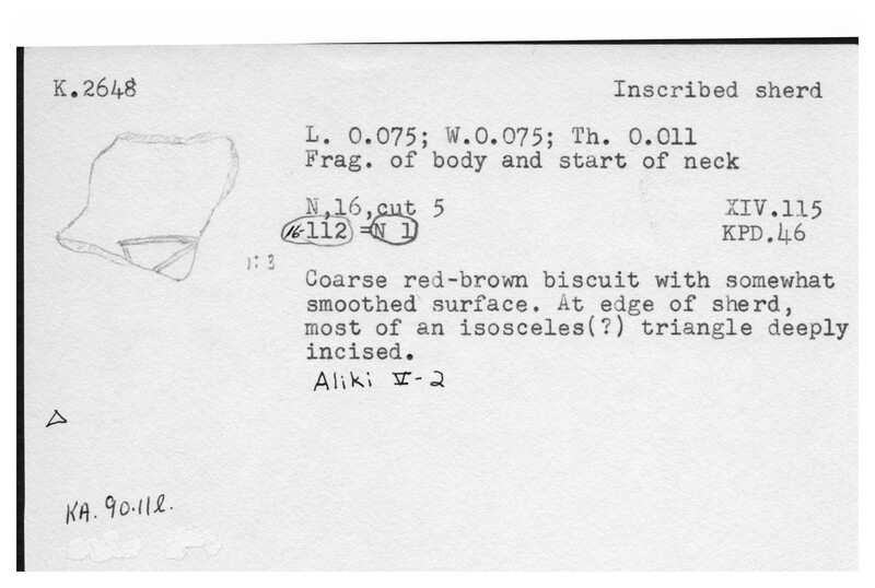 Index card with typed and handwritten information, sometimes including a sketch, of pottery from an excavation.