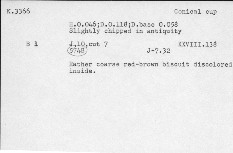 Index card with typed and handwritten information, sometimes including a sketch, of pottery from an excavation.