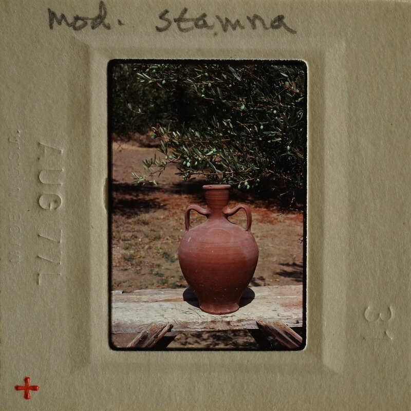 A clay pot sitting on a wooden surface with greenery in the background, captured in an antique photograph.