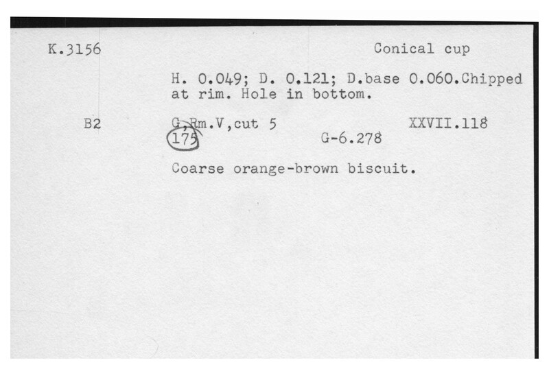 Index card with typed and handwritten information, sometimes including a sketch, of pottery from an excavation.