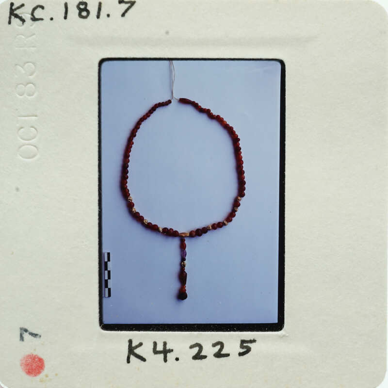 A photo of a bead necklace on a white background with an overlaid label.