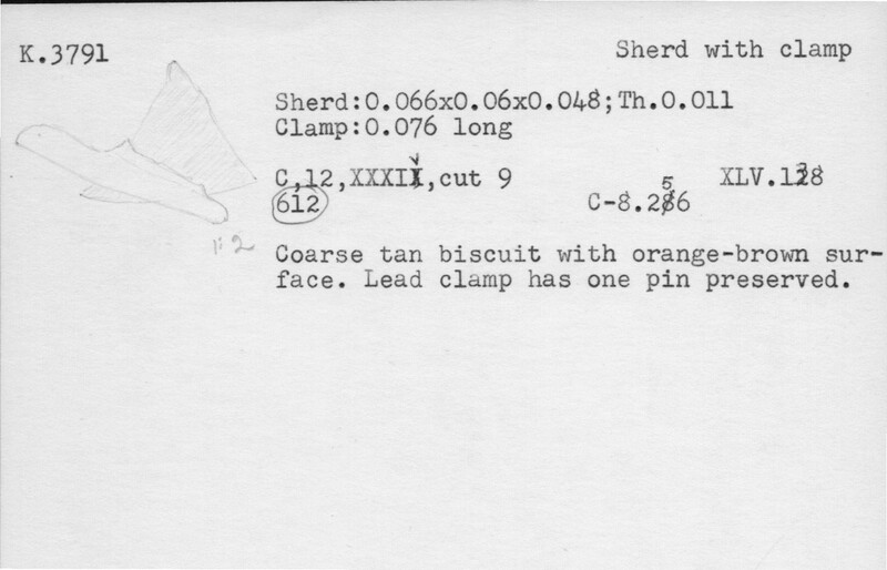 Index card with typed and handwritten information, sometimes including a sketch, of pottery from an excavation.