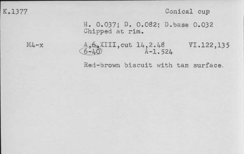 Index card with typed and handwritten information, sometimes including a sketch, of pottery from an excavation.