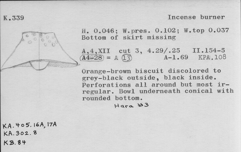 Index card with typed and handwritten information, sometimes including a sketch, of pottery from an excavation.
