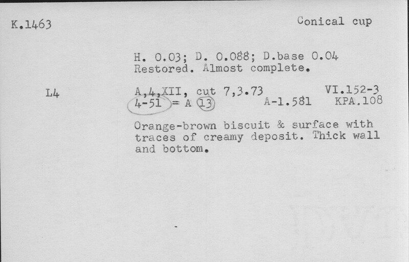 Index card with typed and handwritten information, sometimes including a sketch, of pottery from an excavation.