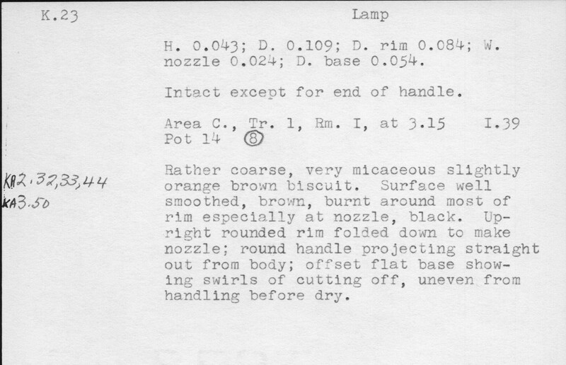 Index card with typed and handwritten information, sometimes including a sketch, of pottery from an excavation.