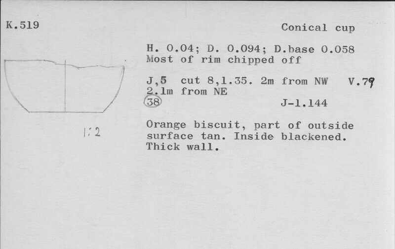 Index card with typed and handwritten information, sometimes including a sketch, of pottery from an excavation.