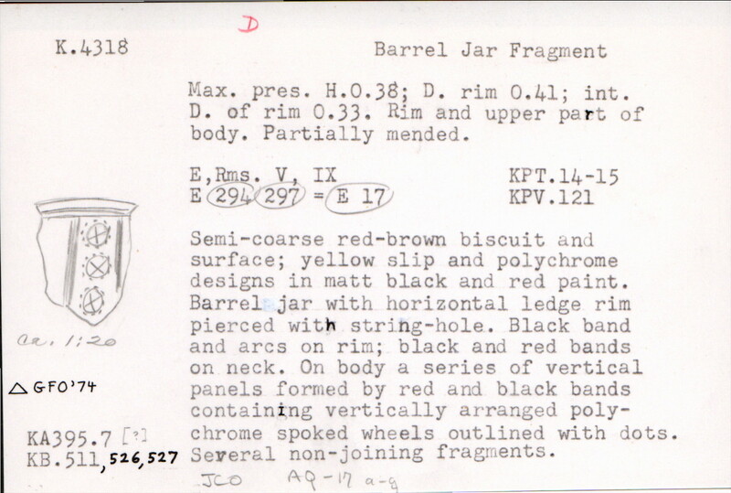Index card with typed and handwritten information, sometimes including a sketch, of pottery from an excavation.