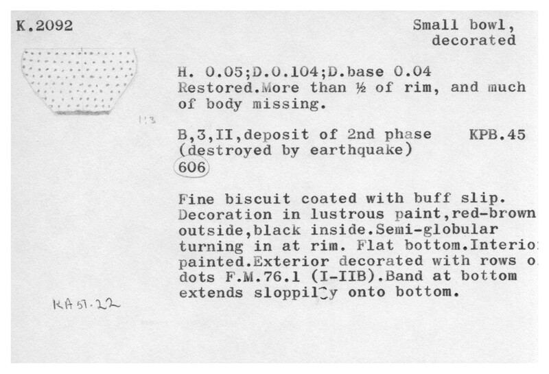 Index card with typed and handwritten information, sometimes including a sketch, of pottery from an excavation.