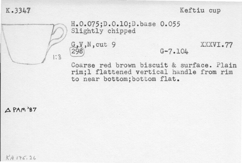 Index card with typed and handwritten information, sometimes including a sketch, of pottery from an excavation.