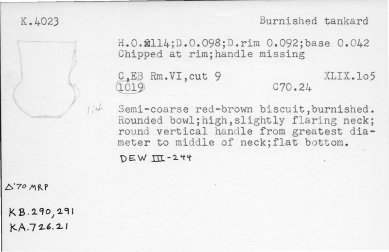 Index card with typed and handwritten information, sometimes including a sketch, of pottery from an excavation.